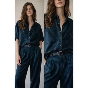 Tess Vintage 90s Y2K 100% Silk Short Sleeve Button Down Shirt Navy Black Large